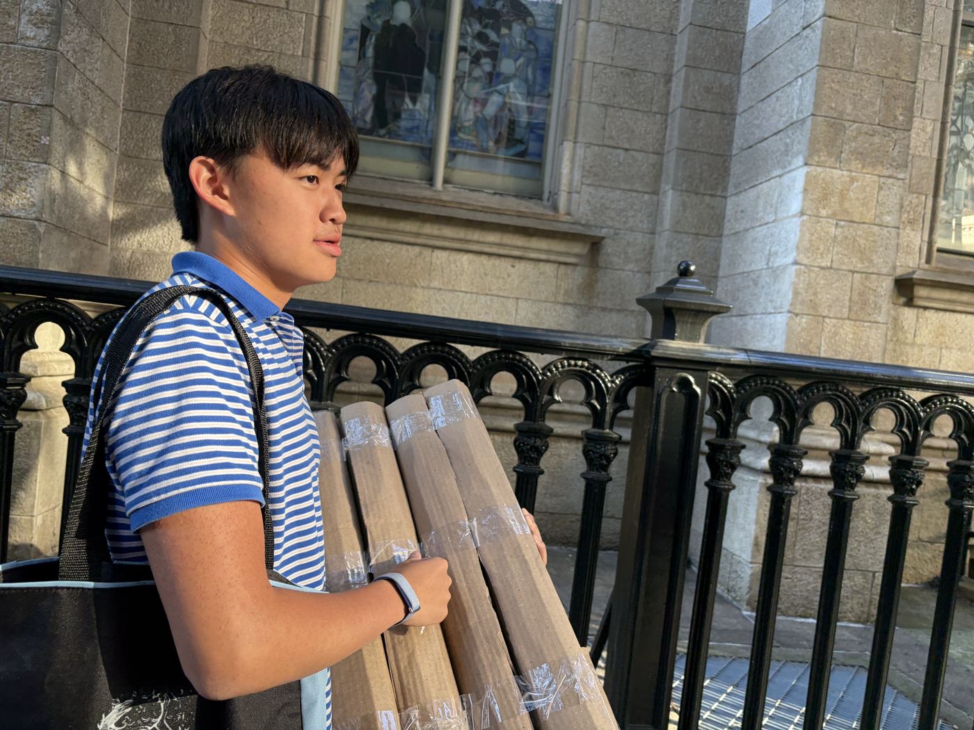 Carrying the cardboard tubes through the street before installation